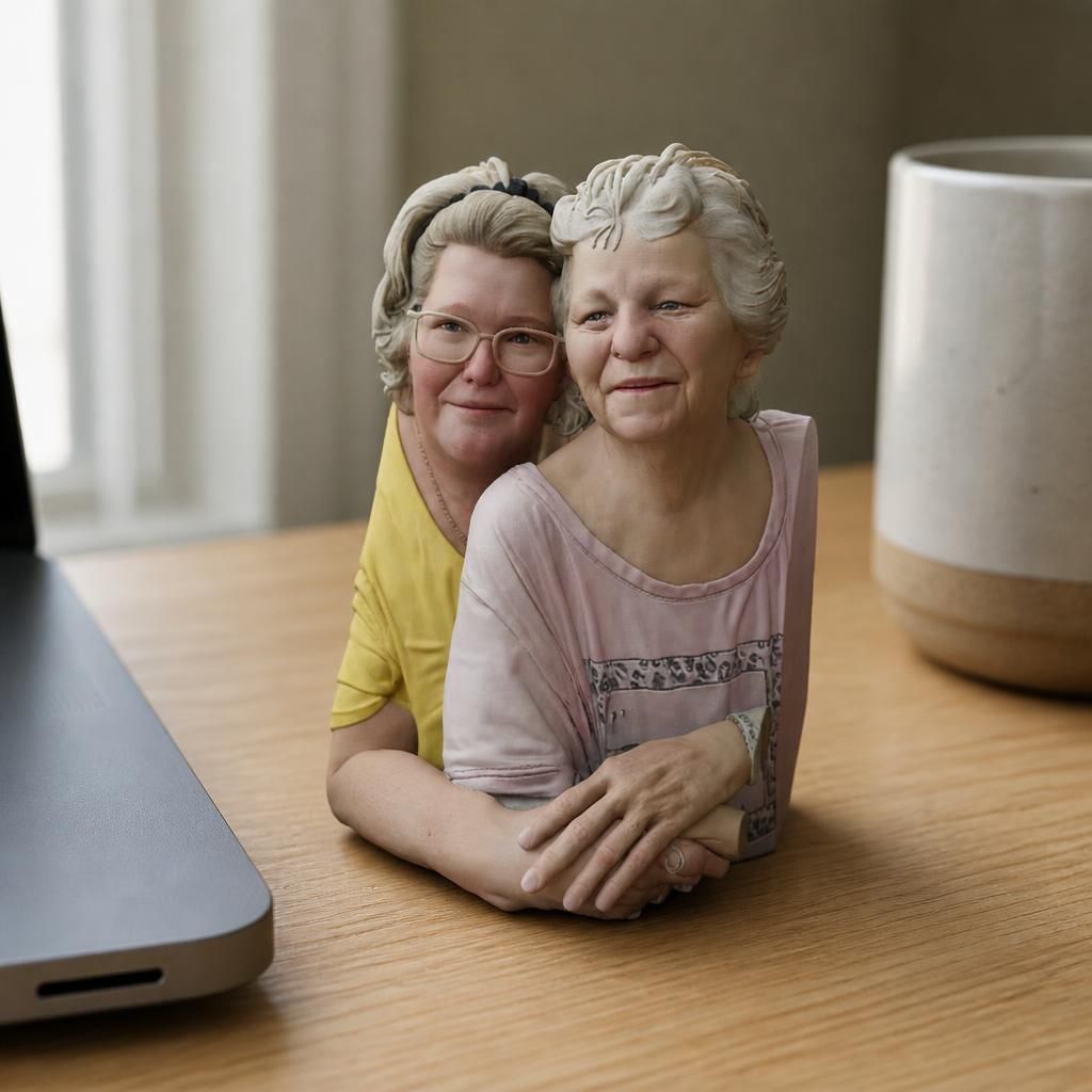 Mom & Me as a real 3D print on a desk
