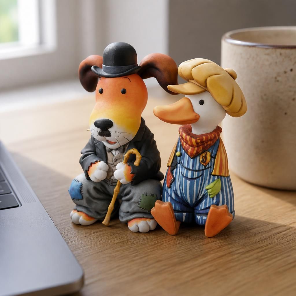 Kipper Chaplin & Gosling as a real 3D print on a desk