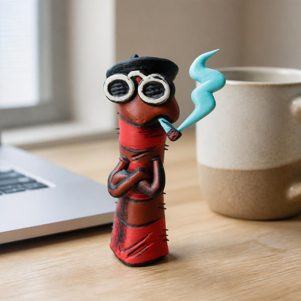 Harry the Hipster as a real 3D print on a desk