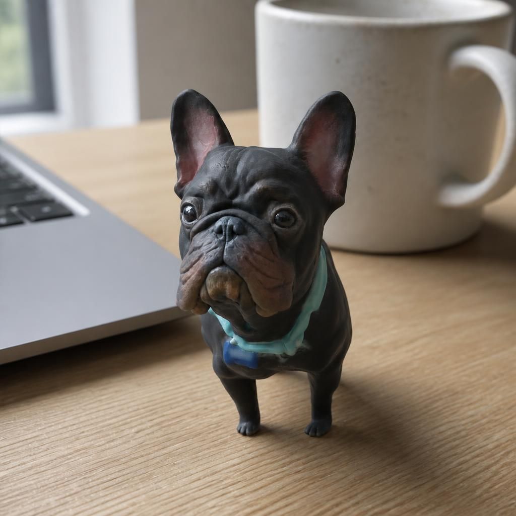 French bulldog as a real 3D print on a desk