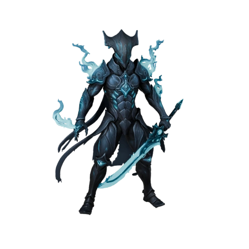 Black full body armor and a elvish longsword all sparking with blue flame