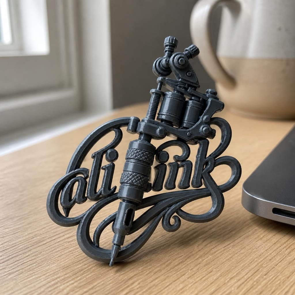 A wall sign that says Ali.Ink and has a tattoo machine similar to this picture as a real 3D print on a desk