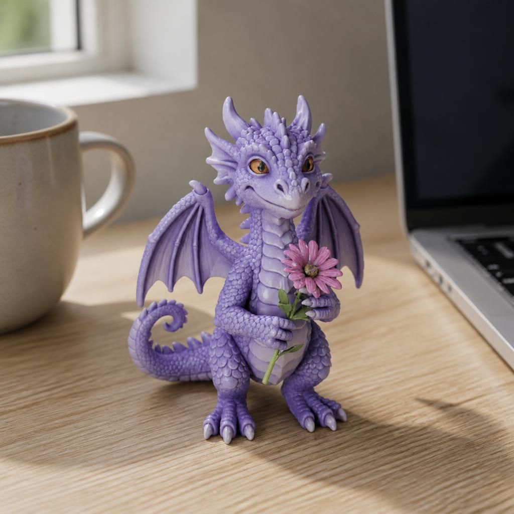 Purple dragon holding a flower as a real 3D print on a desk